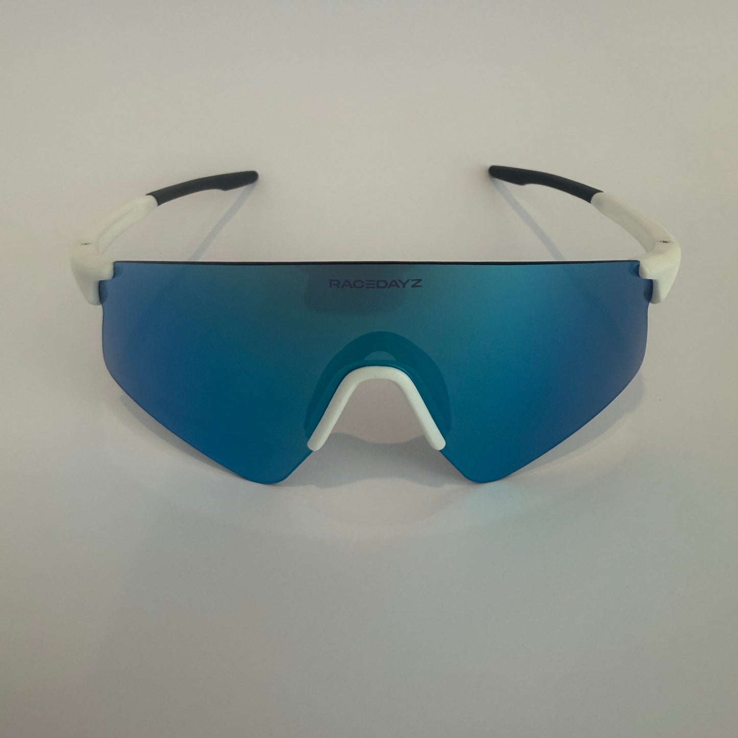 C2S White Frame Blue Lens Racing Sunglasses - Front View